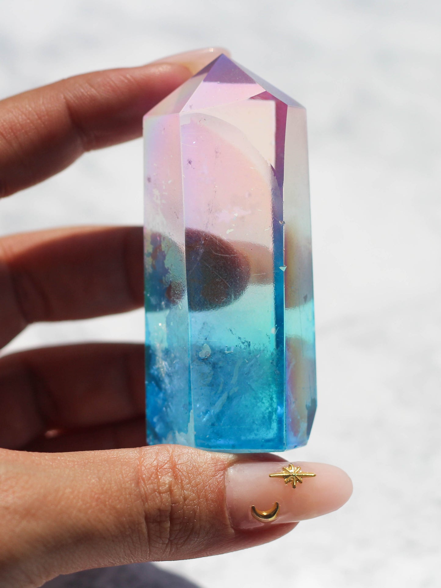 Pink and Aqua Aura Polished Quartz Tower