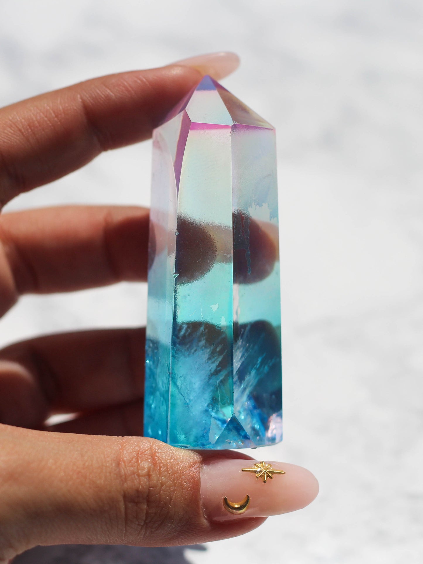Pink and Aqua Aura Polished Quartz Tower