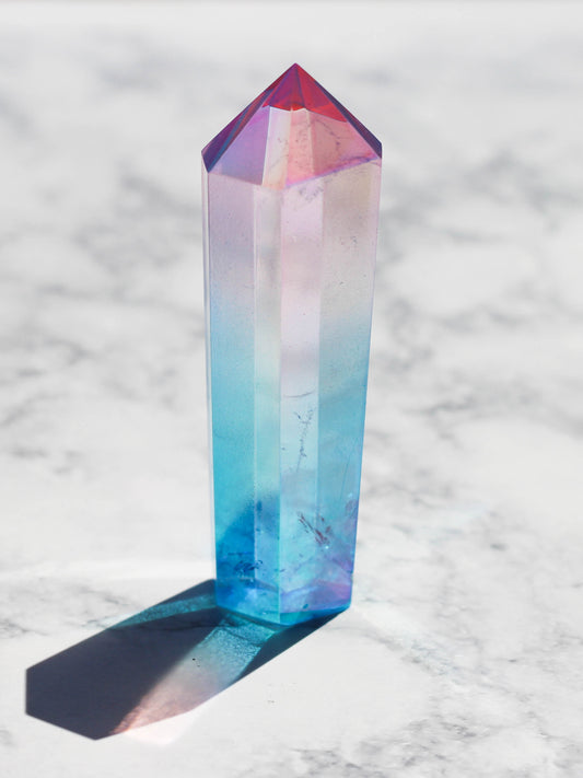 Pink and Aqua Aura Polished Quartz Tower (Large)