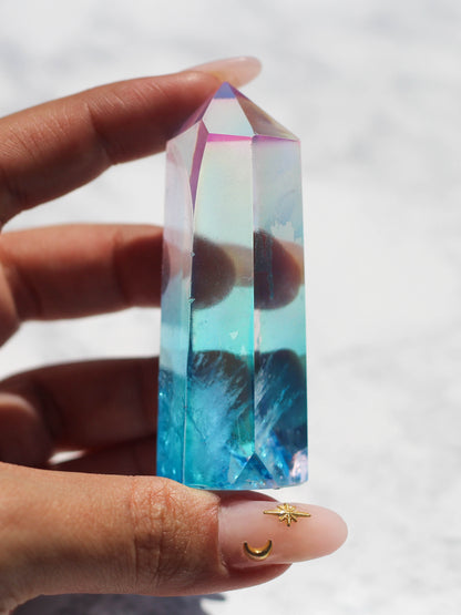 Pink and Aqua Aura Polished Quartz Tower