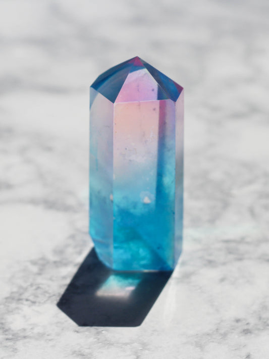 Pink and Aqua Aura Polished Quartz Tower